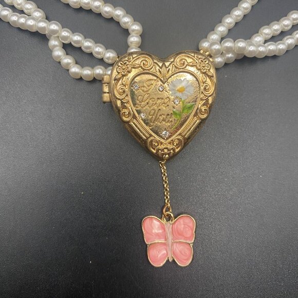 Betsey Johnson Locket 3 Strand Faux Pearl Necklace Heart Butterfly Gold Tone - Picture 2 of 10